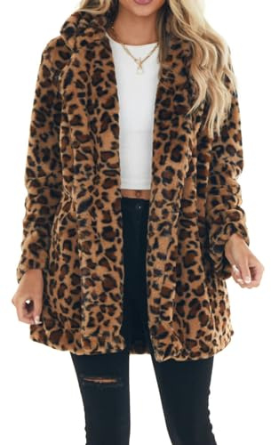 FEOYA Women's Winter Coats Leopard Print Faux Fur Coat Fuzzy Cardigan Oversized Open Front Fleece Jacket Baggy Shaggy Lapel Cardigan Long Sleeve Loose Fit Coat with Pockets Outwear Autumn Winter M