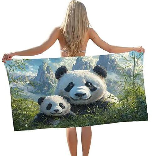 Beach Towel 160 x 220 cm Microfibre Beach Towels for Adults Large Bamboo Forest Panda Travel Towel Quick Dry Sand Free Gym Towels Men, with Pockets, for Camping, Swimming, Gifts for Women z-1450