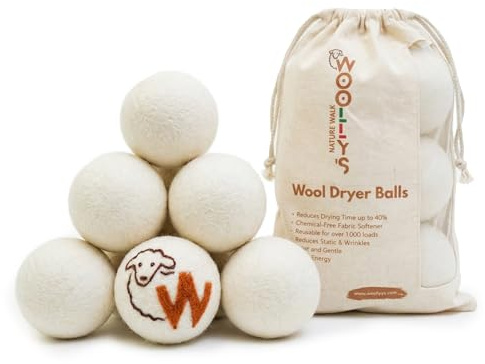 Woolly’s Wool Dryer Balls (Pack of 6) | 100% Pure New Zealand Wool | Reduces Drying Time up to 40% | Chemical-Free Fabric Softener (6)