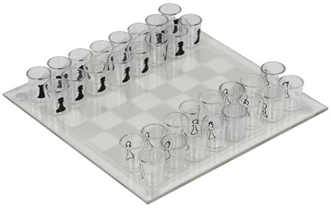 Clear Shot Glass Chess Set, 10x10 Inch Glass Chess Board with 32PCS Cups Pieces, Drinking Shot Set, Funny Sets for Adults, Kids Sets for Adults