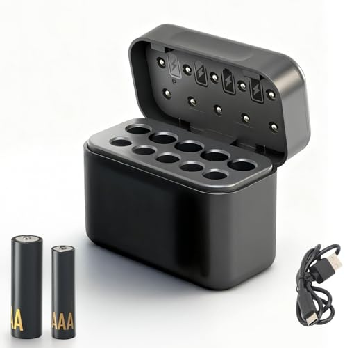 Pile Rechargeable Chargeur,10 Emplacements pour Batteries,Piles AA/AAA Rechargeables 1.5V Haute Capacité,Entrée Type-C,Compartiment De Charge Séparé,Noir