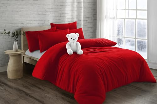 KD HOME EVERYTHING YOU NEED Teddy Bear Fleece Super Soft Fluffy Warm and Cosy Duvet Sets with matching Fitted Sheet and Pillowcases (Red, Single Duvet Set)