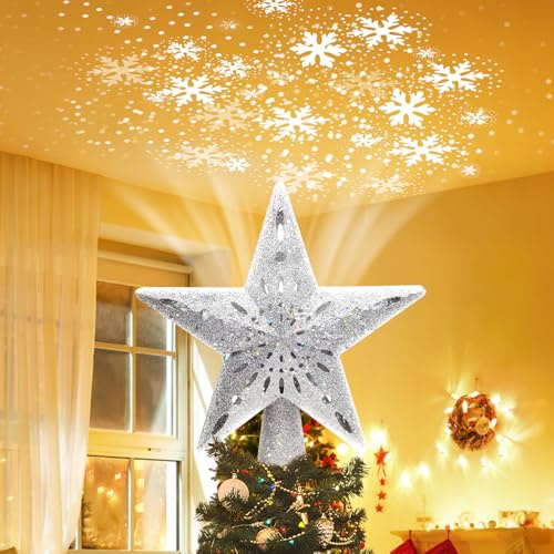 Christmas Tree Topper Star: Lighted with 6 Projected Patterns Snowflake Projector Lights-3D Hollow Glitter LED Magic Rotating Light for Christmas Tree Decorations Ornament Silver