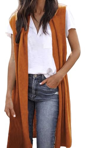 Generisch Cardigan élégant pour femme sans manches ouvert devant cardigan tunique gilet long cardigan hauts manteau hiver tenues longues blouses femmes été, Orange, S
