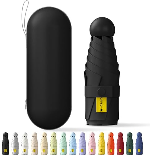 FWHFNB Mini Regenschirm,6 Rippen Tragbarer Reiseschirm mit Kapselhülle,Uv-Regenschirm,kleiner kompakter,für Erwachsene Kinder (Schwarz)