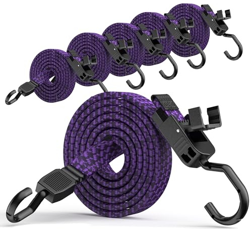 Rugtol Verstellbar Spanngummi mit Haken, 120cm Expander mit Schnellverschluss-Schnalle und Metallhaken 6er Set, Flach Gepäckspanner Lila, Extra Stark Gummispanner für Sonnensegel, Fahrrad, Tarps