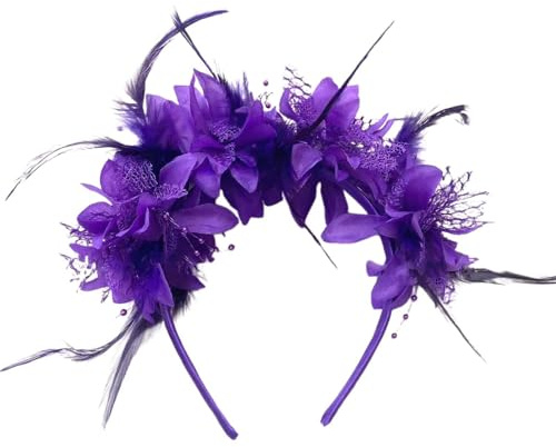 Haarreif Fasching Damen, Feder Fascinator Bunte Blumen Haarreif Elegante 20Er Jahre Kopfschmuck Schöne Stirnband Mit Federbesatz Fasching Karneval Hochzeit, Lila