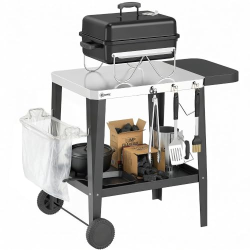Outsunny Küchenwagen mit Rollen Servierwagen 115 x 67,5 x 80,5 cm Schwarz | Rollwagen mit Haken, Papierrollenhalter, Müllsackständer, Küchenhilfe, BBQ Grilltisch aus Edelstahl, Küchentrolley