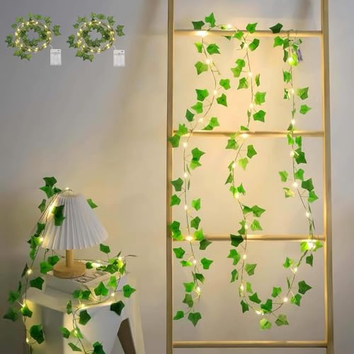 HHMTAKA Vines with Fairy Lights 2PCS 2M 20LED with 6H Timer | Ivy Fairy Lights Battery Operated Artificial Ivy Garland Lights for Home Kitchen Garden Office