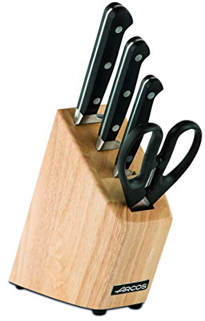 Arcos Serie Clasica, Juego de Cuchillos de 4 piezas en Caja de Regalo, 3 Cuchillos + Tijera, Hoja de Acero Inoxidable Forjado Nitrum, Mango de Polioximetileno, POM, Bloque de madera color Marrón