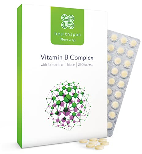 Healthspan Vitamin B Complex (12 month's Supply) | High Levels of 8 B-Complex Vitamins | Heart Health, Mental Performance & Psychological Function | Combat Tiredness & Fatigue | Gelatin Free | Vegan