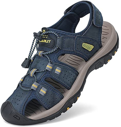 FLARUT Sandaler Herr Bekväma Sportsandaler Sandaler Med Stängd tå för Män Trekking Strand Justerbara | Hållbart läder överdel, utmärkt tåskydd, halkfri yttersula av gummi, lätt och kudde EVA mellansula