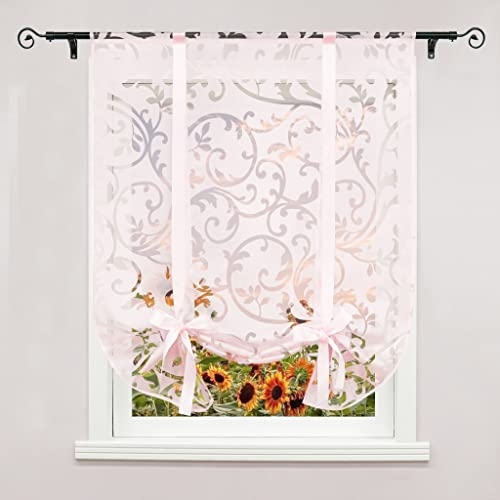 Delien Raffrollo Voile 1 Stück Transparente Ausbrenner Gardine mit Schleife Café Raffgardine mit Blumenmuster »Phönixschwanz« Raffvorhang Modern Küche Fenstergardine mit Tunnelzug BxH 60x140cm,Rosa