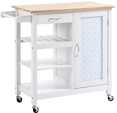 HOMCOM Carrello da Cucina con Ruote, Credenza Cucina Salvaspazio con 1 Cassetto, 1 Armadietto, 1 Ripiano Aperto a 3 Livelli e 1 Portasciugamani, in MDF e Acciaio, 92x40x84 cm, Bianco