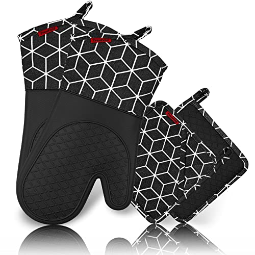 TreuFeld® Premium Ofenhandschuh-Set mit Topflappen neues Modell 2023 4er-Set 2 Stück Topfhandschuhe und 2 Topflappen aus hitzebeständigem Silikon und Baumwolle Anti-Rutsch Kochen & Backen (Schwarz)