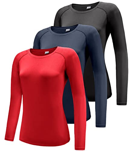Damen 3er Pack Langarmshirt T-Shirts, UPF 50+ Sonnenschutz Schnelltrocknend Funktionsshirt Laufshirts, Atmungsaktiv Langarm Sportshirt Gym Yoga Running Top Freizeitshirt Workout Fitness Oberteil