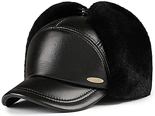 JIARY Mütze Herren,Fliegermütze,Outdoor-Lederhut Für Herren Mit Winddichter, Warmer Ohrenschützer-Lederhut,Trappermütze Aus Pelz Für Herren,Schwarz,XXL (59~60cm)