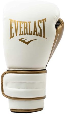 Guantes de Boxeo Everlast Powerlock 2R 12oz, Blanco/Dorado, para Saco y Sparring, Soporte de Muñeca Avanzado, Espuma Cuádruple, Agarre Ergonómico - Equipo Auténtico