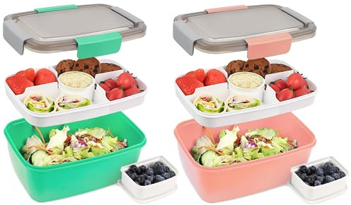 Bugucat Bento Box 2000ML 2 Set, Lunch Box Lunch Container to Go with 4 Compartment Tray, Salad Bowl with Dressing Container, Meal Prep to Go Containers for Food Fruit Snack, Built-in Reusable Spoon