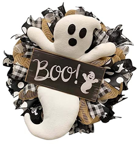 Couronne d'automne, Halloween Ghost Wreath Automn Boo Wearth avec Une Jolie Porte de poupée Suspendue Couronne de Bienvenue
