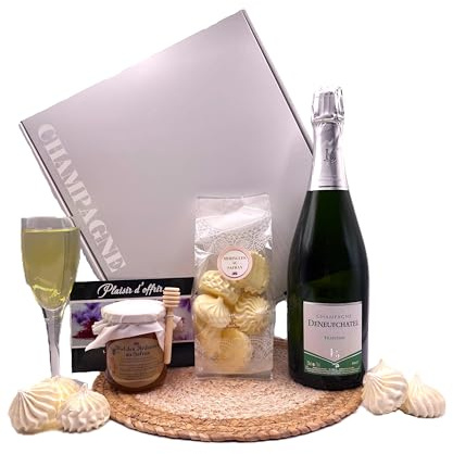 Coffret Champagne BRUT AOC, 75cl, Colis cadeau gourmand, Meringues et miel, Direct Productrice, Origine France