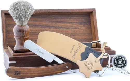 Haryali London, 5 Pcs Cut Throat Razor Shaving Kit for Men – Straight Razor Kit with Wooden Box, Mens Shaving Brush, Leather Strop & Honing Paste