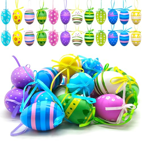 XQMMGO 24 Stück Aufhänger Ostern, Ostereier Plastik, Ostereier zum Aufhängen, Ostereier, Ostereier Deko, Ostereier für Innen und Außen Osterdeko, Ostern Deko mit Tollen Oster-Motiven (C)