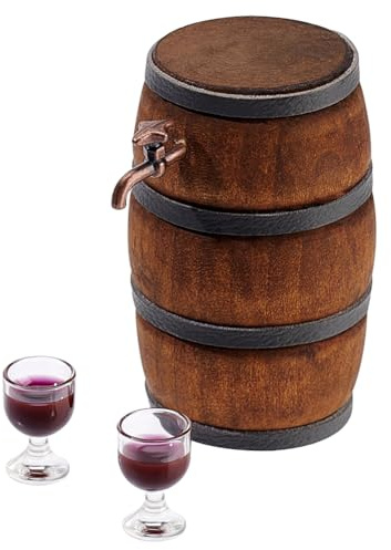 AHANDMAKER Barril de cerveza de madera en miniatura, accesorios para bebidas, figurilla de vino con grifo y copa, botellas en miniatura, accesorios de pub