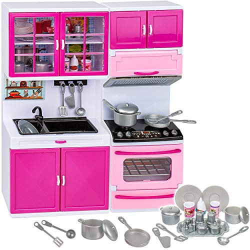 alles-meine.de GmbH Puppenhaus Möbel - Sound & Licht - 31 cm groß - Spüle + Vorratsschank + Backofen + Herd - mit Zubehör - Miniatur Puppenstube Küche - passend für alle gängigen..