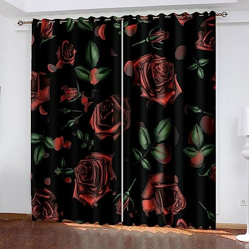 Vorhang Blickdicht Gardinen Mit Ösen - 2 Stücke Verdunklungsvorhänge 3D Rote Schwarze Rose Muster Thermovorhang Für Kinderzimmer Schlafzimmer Weihnachtsgardinen-8R0U8A0C0M5