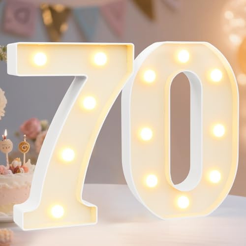 Decorative Led Light Up Numbers Letters, White Plastic Marquee Number Lights Sign for 70th Birthday Party Wedding Decor Battery Operated Number (70)