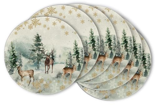 Artoid Mode Juego de 6 manteles individuales redondos con diseño de reno de acuarela, 37 cm, mantel individual lavable para cocina, fiesta