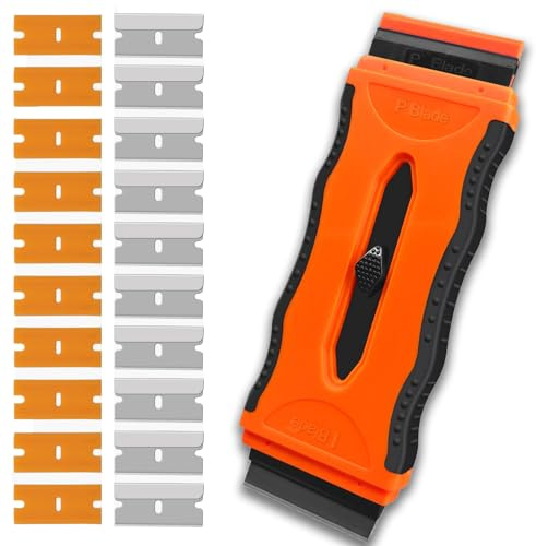Incycall ceranfeldschaber– glasschaber mit 10 Metall und 10 Kunststoffklingen für Farbe, Etiketten, Windschutzscheibenaufkleber, Herdplatten, Fenster & Backöfen-Orange (Double razor scraper+20 blades)