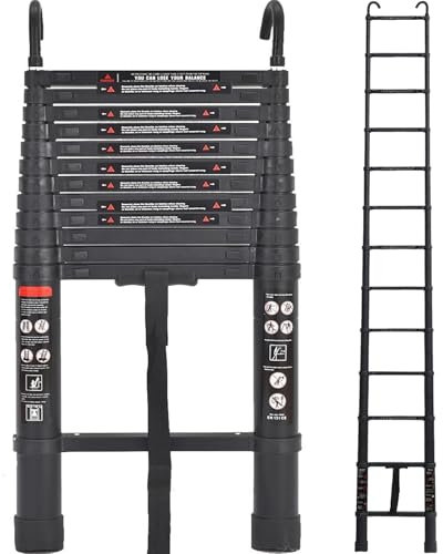 Exleiter Aluminum Telescoping Ladder, 3.8M/12.5FT Portable Extension Ladder with 2 Detachable Hooks Extendable Folding Ladder Anti-Slip Loft Ladder with Certificate EN 131, Black