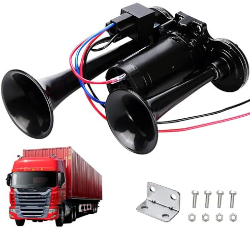 Gobesty LKW Hupe 12V, 600DB Super Laut Air Horn, Doppelrohr Lufthorn Train Horn mit Kompressor, Lufthorn Drucklufthorn Laute Hupe Kit, für 12V Fahrzeuge LKW Lörries Züge Boote Cars Vans, Schwarz