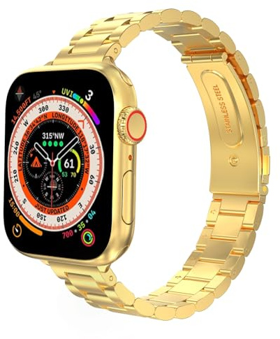 MoKo Slim Metal Band Compatible with Apple Watch 42/44/45/46/49mm | For iWatch Ultra 3/2/1,S11/10/9/8/7/6/5/4/3/2/1,SE3/2/1,Stainless Steel Thin Band,Adjustable Strap,for Women Men, Gold