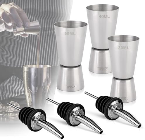 Misurino per cocktail da 3 pezzi, misurino doppio per gin, con 3 versatori per bottiglie, misurino da bar in acciaio inossidabile, shaker, per bar, feste, vino, cocktail, Argento