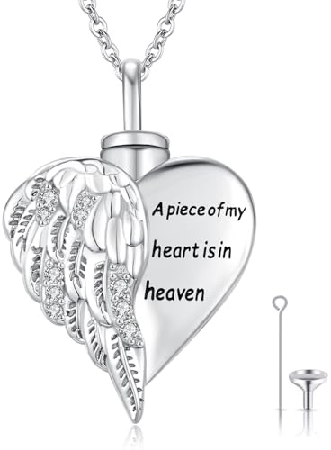 CHENGHONG Ashes Necklace, Urn Necklaces for Ashes 925 Sterling Silver Angel Wing Ashes Keepsake Cremation Pendant A Piece of My Heart is in Heaven Ashes Jewellery for Mum Dad Women Men Dog