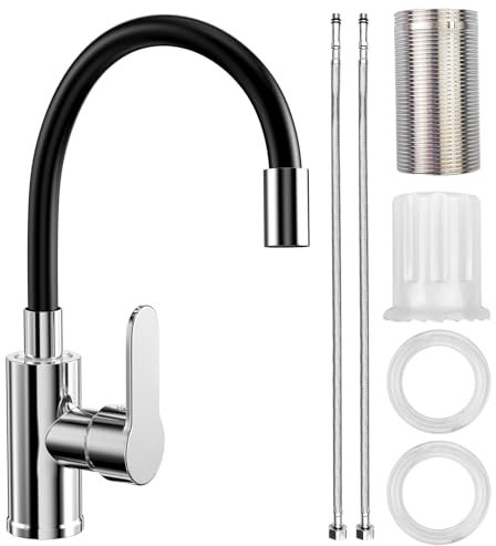 Ghazpmuk Wasserhahn Küche mit Flexibler Auslauf, Wasserhahn Küche Schwarz, Spültischarmatur 360° Drehbar, Küchenarmatur Schwarz mit Wasserspar Aerator für Die Küche