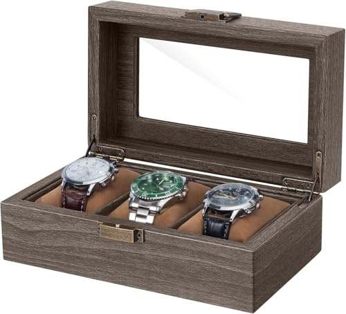 CeiBand Trä klocklåda med 3 rutnät, träkorn läder klockdisplay klocklåda herrförvaring låda med glaslock kuddar klockor (20 x 12 x 8,5 cm)