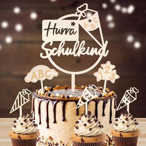 Schulkind Tortendeko, 6 STK Holz Tortendeko Einschulung, Hurra Schulkind Kuchendeko Schulanfang, Cake Topper Einschulung, Schuleinführung Party Deko für Mädchen Junge