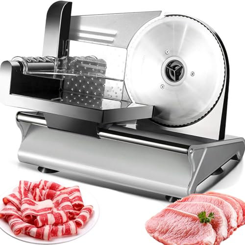Trancheuse à viande électrique, trancheuse à pain 200 W avec lame dentelée en acier inoxydable de 19 cm, épaisseur réglable de 1 à 15 mm et amovible, machine à trancher les aliments de charcuterie,