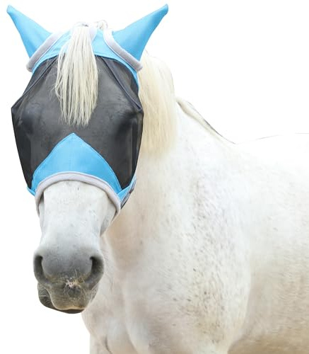 Leberna Fly Mask for Horses with Ears, Breathable Adjustable Mesh, Sun & Insect Protection – Comfortable Horse Face Mask for Stable & Pasture(Lake Blue, Full)