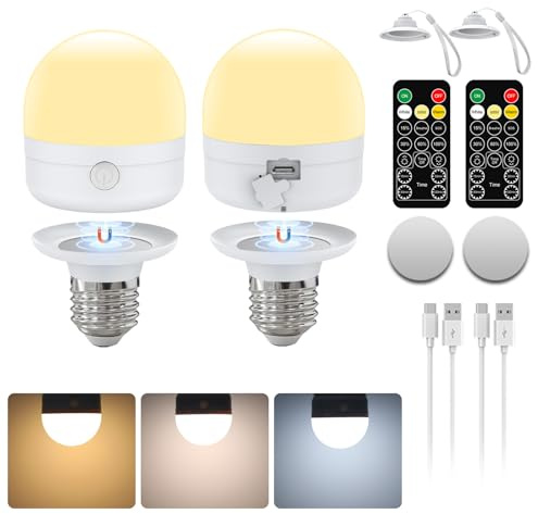 USB-C Bombilla Recargable Con Mando a Distancia, E27 Bombillas LED 7W, CCT Bombilla Recargable Regulable Con Temporizador y Batería, 2000mAh Luz De Emergencia Al Aire Libre Con Magnético, Pack de 2
