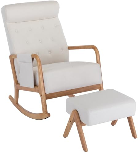 Silla Mecedora con Reposapiés, Sillon Balancin con Patas de Madera de Caucho y Reposabrazos Mecedora, Silla Mecedora Ergonómica Estructura de Madera, Carga de 136 kg, para Dormitorio, Salón, Beige