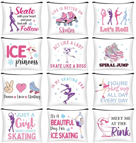 Sunnymove 12 Pcs Ice Skating Makeup Bag for Women Figure Skate Cosmetics Bag Zipper Pouch Christmas Gifts for Skater Lovers Coach Birthday Skating Party Favor