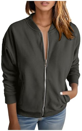 Duohropke Chaqueta bomber para mujer, chaqueta ligera de entretiempo sin capucha, manga larga, cuello alto, chaqueta de aviador, estilo deportivo, chaqueta de ciclismo, chaqueta con cremallera
