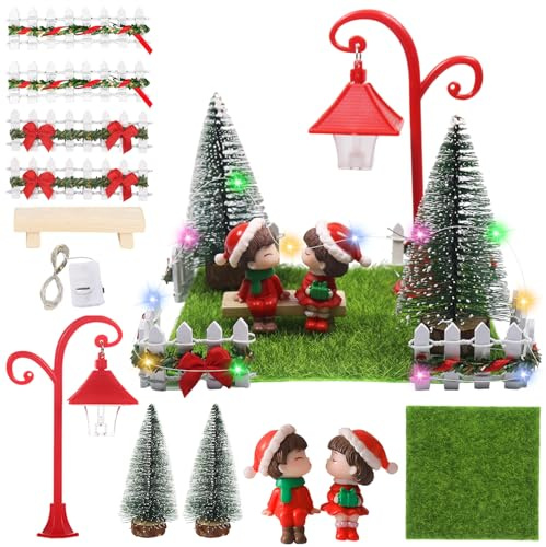 Weihnachten Mini Ornament, 12 Stück Weihnachten Miniatur Garten, Miniatur Gartenbank Straßenlaterne, Wichtel Zubehör mit Puppenhaus LED Lichterkette, Miniatur für den Außenbereich, Haus, Mini Garten