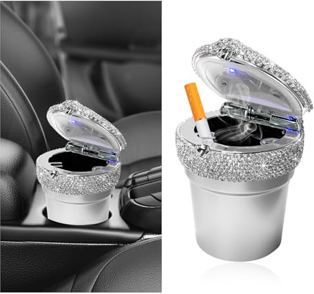 NYTKL Car Ashtray with Lid, Portable Bling Cylinder Cup Holder Ash Tray with LED Light Indicator, Sparkling Smokeless Ash Holder Mini Trash Can for Vehicle Home Office Travel (Silver)