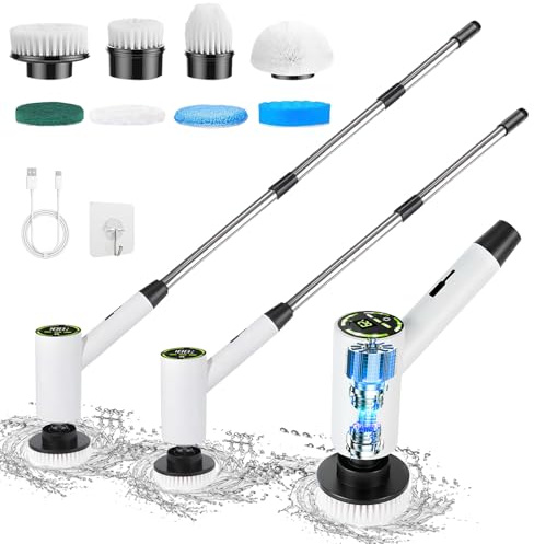 Anluomania Brosse de Nettoyage Electrique, brosse nettoyage Electrique avec 8 têtes, Brosse Electrique Nettoyage Rotative 3 Vitesses, Manche Extensible, IPX8,Brosse Rotative pour Salle de Bain Cuisine